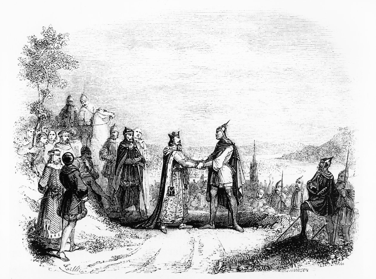 O Tratado de Saint Clair-sur-Epte entre Charles III O Simples (879-929) Rei da França (898-923) e Rollo o Viking em 911 de French School