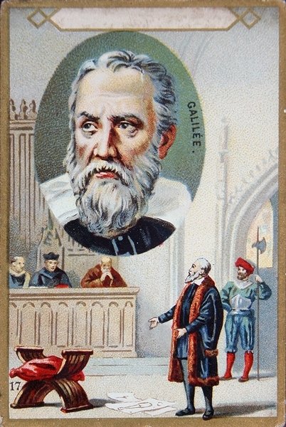 O Julgamento de Galileu Galilei (1564-1642) em 1633 (cor litho) de French School