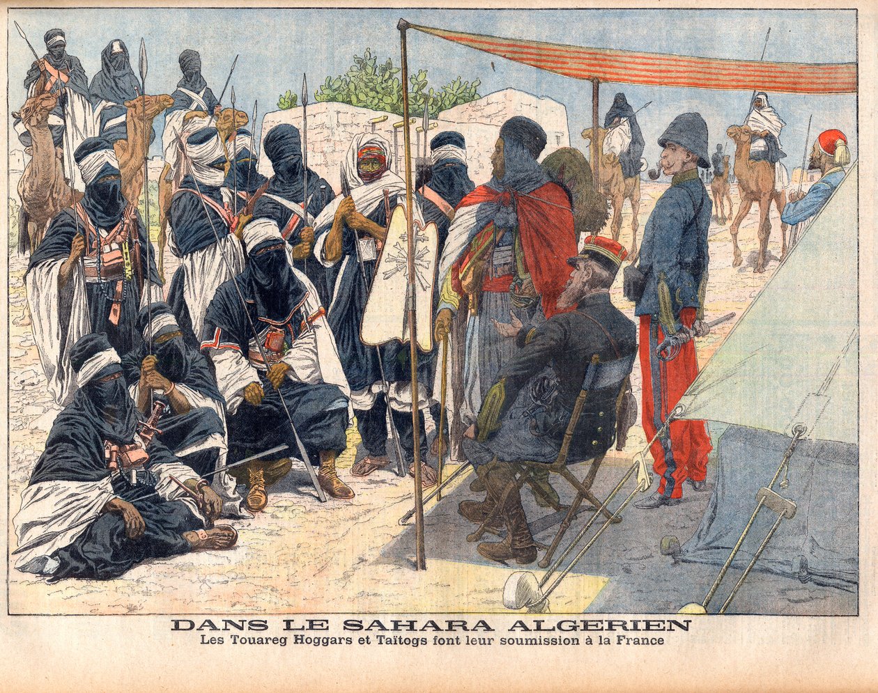Os Tuaregs Hoggar e Taitogs submetem-se ao domínio inglês no Sahara argelino. No Sara argelino. Os Tuaregs Hoggars e os Taitogs submetem-se à França. Ilustração para o Le petit Journal, 26 de Novembro de 1905. de French School