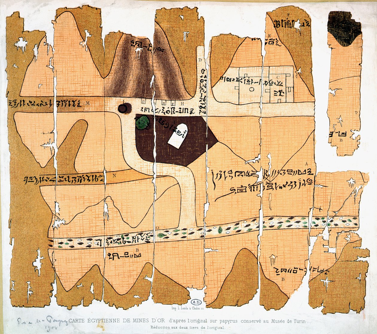 O Papiro de Turim, reprodução de um antigo mapa egípcio de minas de ouro baseado em um papiro original de c.1300 aC conservado no Museo Egizio em Turim de French School