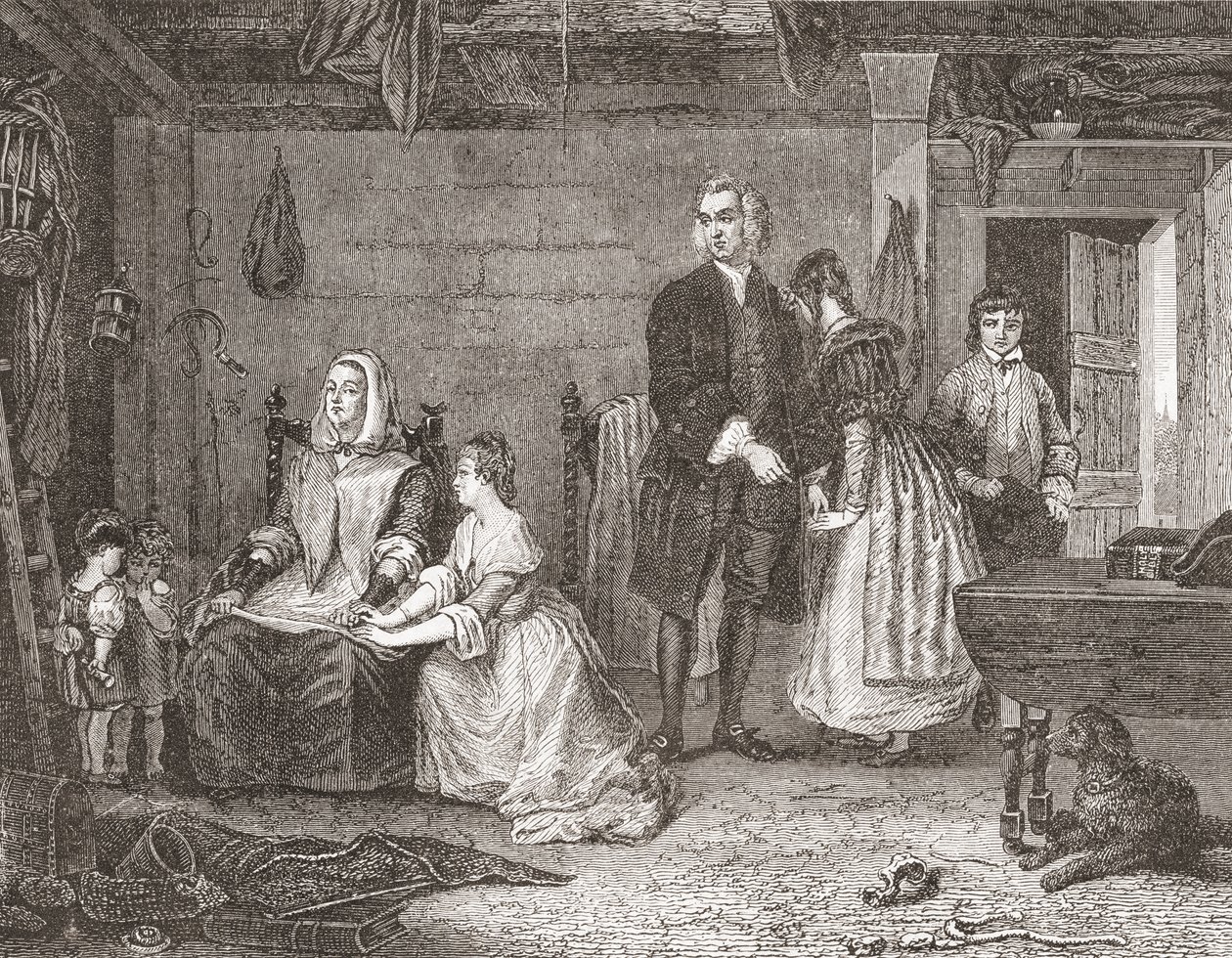 O Vigário de Wakefield reconciliando a sua esposa com Olivia, após a pintura de Gilbert Stuart Newton. De Histoire des Peintres, École Anglaise, publicado em 1867 (litho) de French School