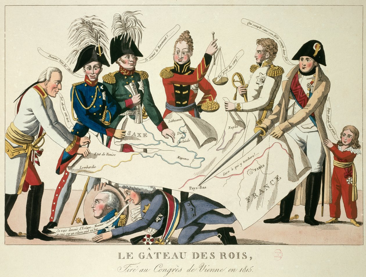 O Congresso de Viena em 22/06/1815: o bolo dos reis. Reuniu as oito potências mundiais e procurou redefinir as fronteiras após a queda do Império de Napoleão I. Alexandre I, Czar da Rússia; R. H. Stewart, Castlereagh; François José I, Imperador de Au de French School