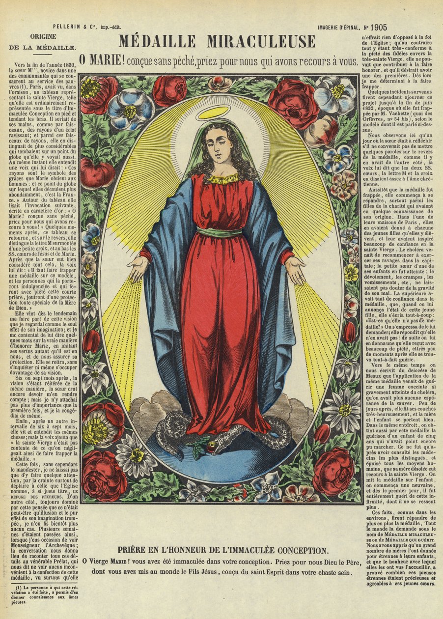 A Virgem Maria e a Medalha Milagrosa (litografia a cores) de French School