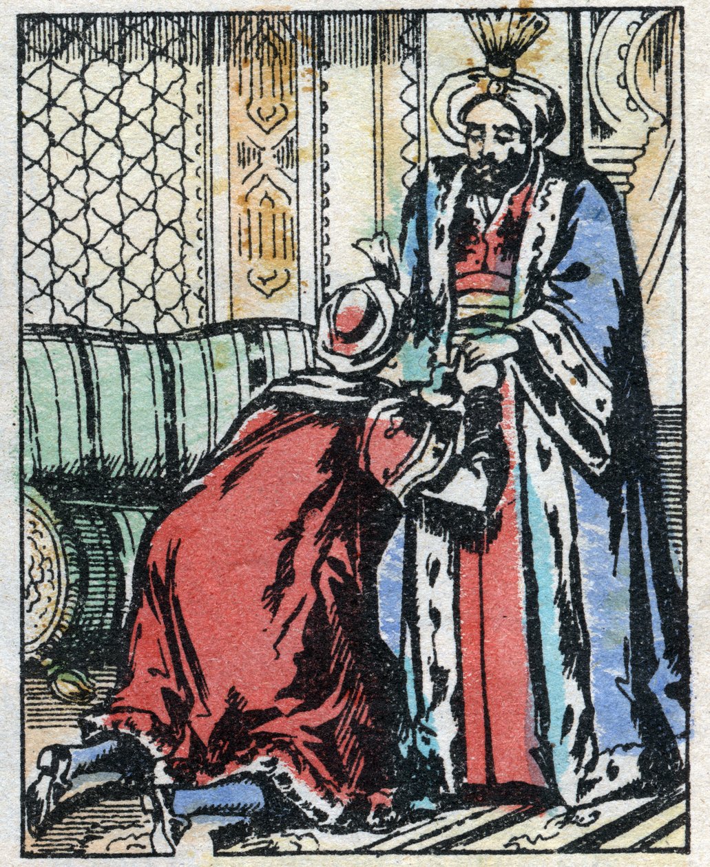O filho do Vizir renuncia a casar com a filha do Sultão. Gravação do conto das Mil e Uma Noites "Aladino e a Lâmpada Maravilhosa". Imagem epinal, finais do século XIX. Colecção privada. de French School