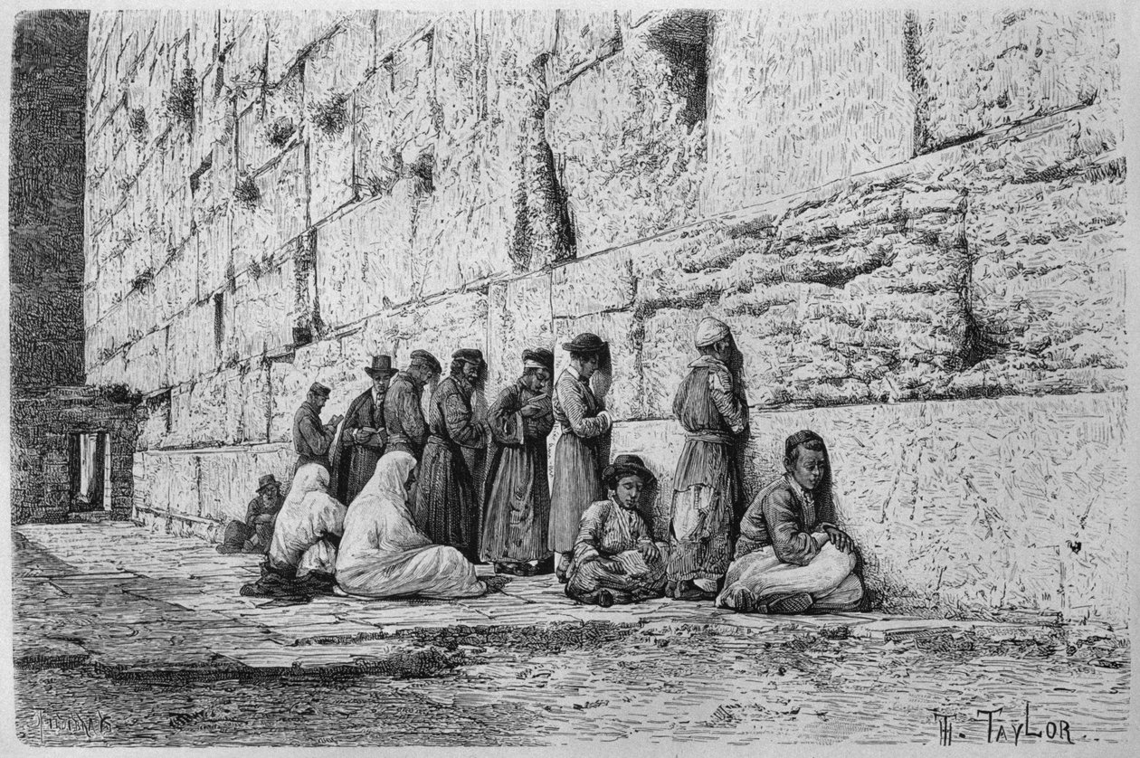 O Muro das Lamentações, da Síria hoje. Viajar para a Fenícia, o Líbano e a Judéia. 1875-1880 de Louis Charles Emile Lortet, 1884 (gravura do bw) de French School