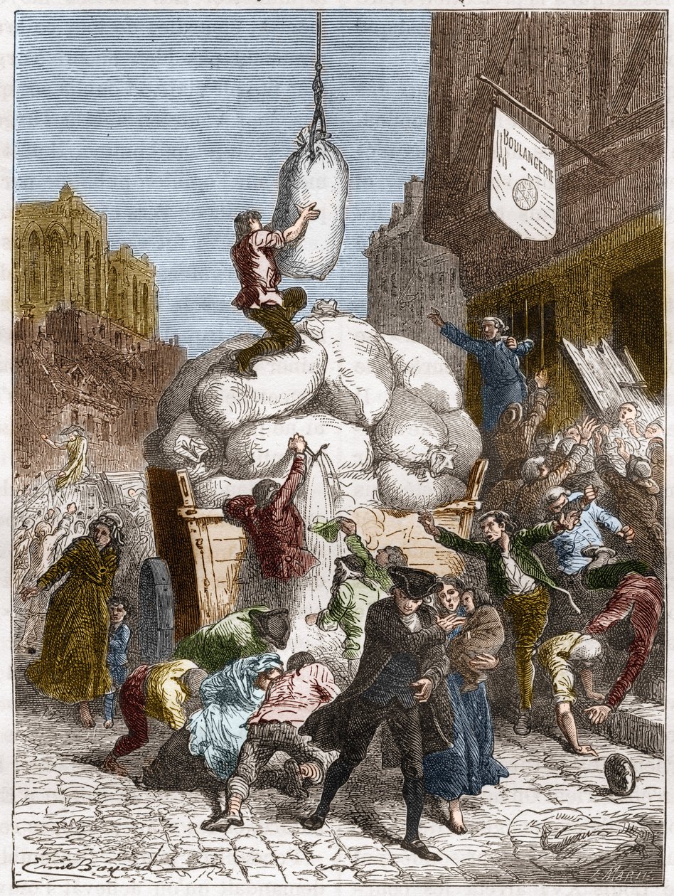 A Guerra das Farinhas: Pilhagem de padarias em Paris, por volta de 1775 (primeira da Revolução Francesa) (gravura) de French School