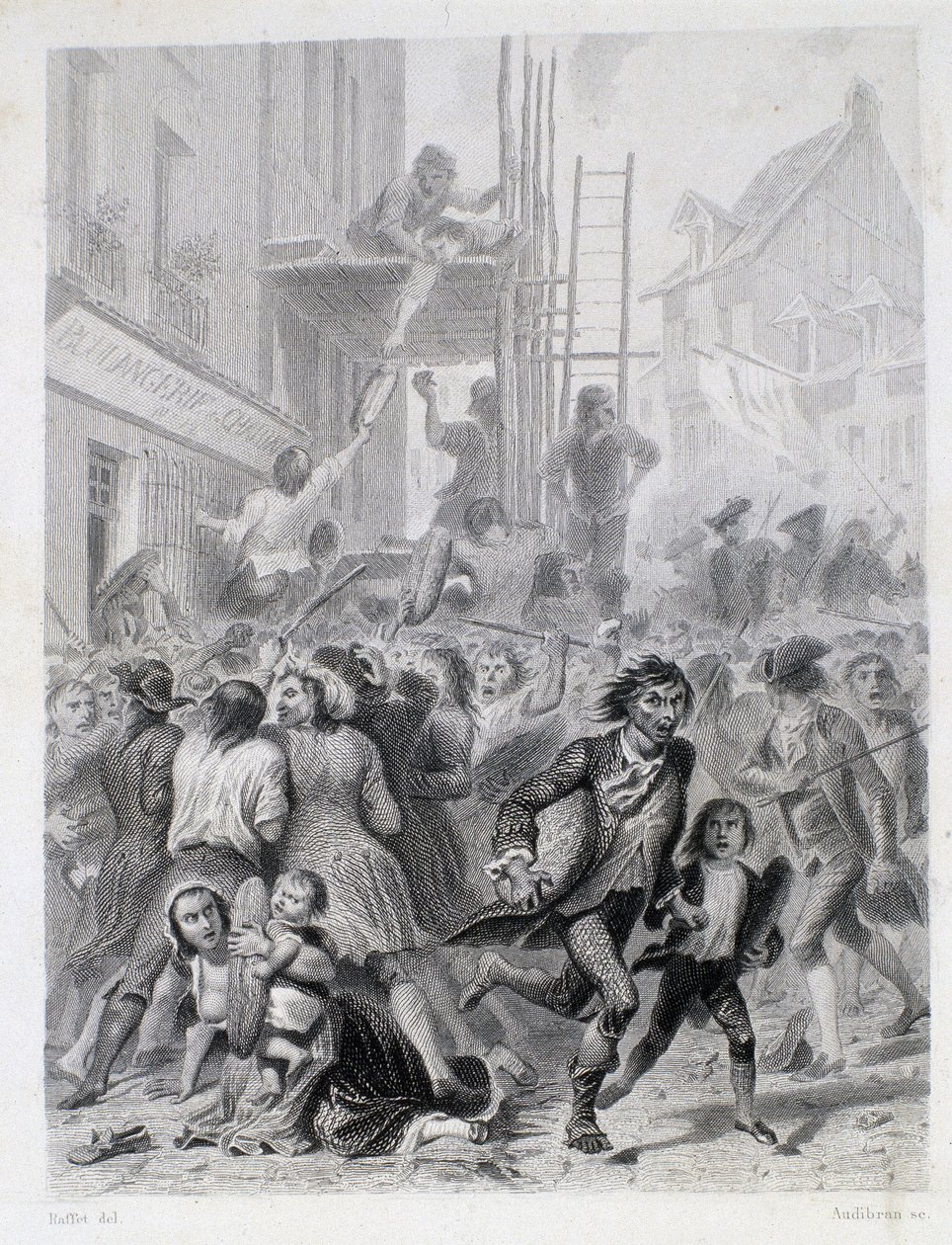 A Guerra das Farinhas: motim em frente a uma padaria em maio de 1775 (primeiros frutos da Revolução Francesa) de French School