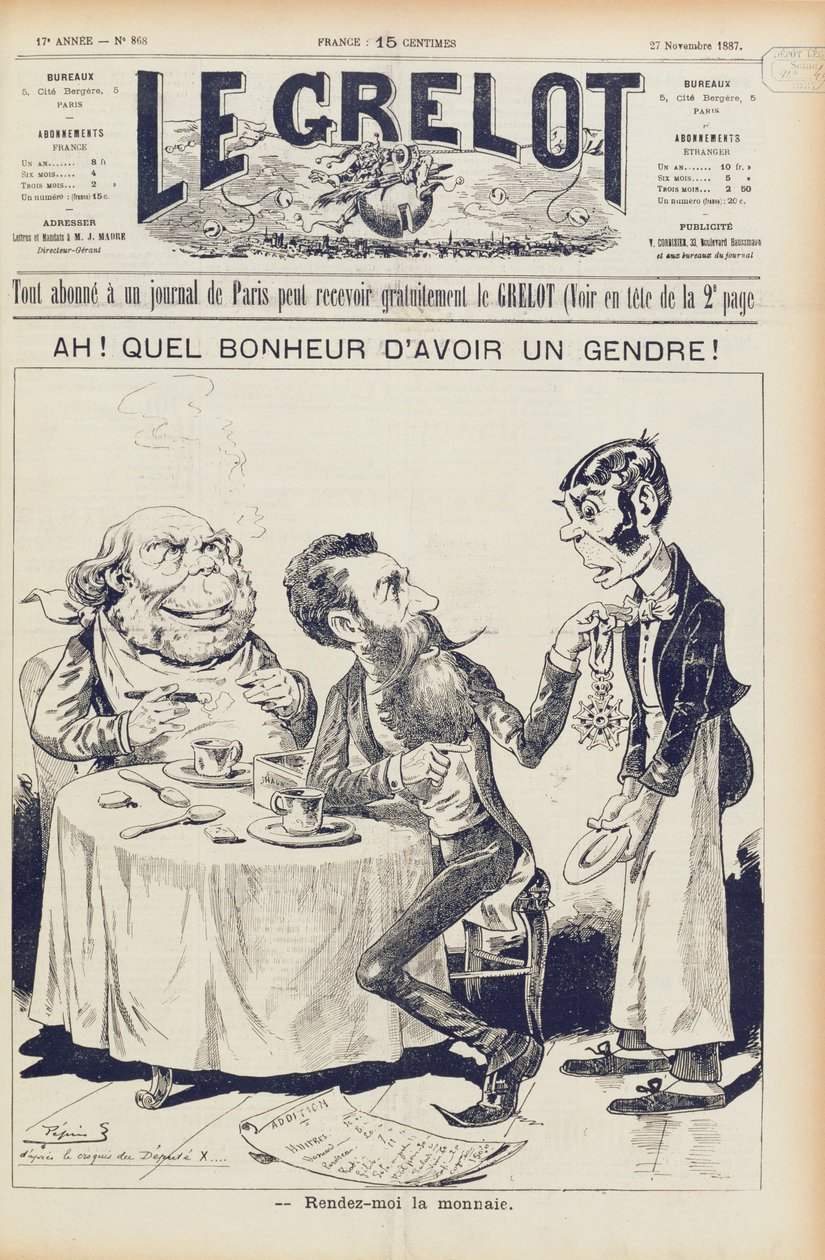 The Wilson Affair, capa de Le Grelot, 27 de novembro de 1887 de French School