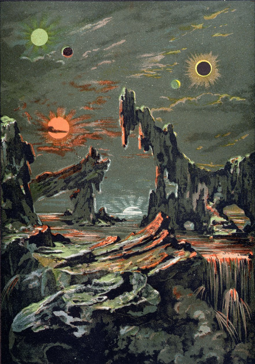 O Mundo das Quatro Luas e Quatro Sóis, ilustração da LAstronomie Populaire escrito por Camille Flammarion (1842-1925) 1881 de French School