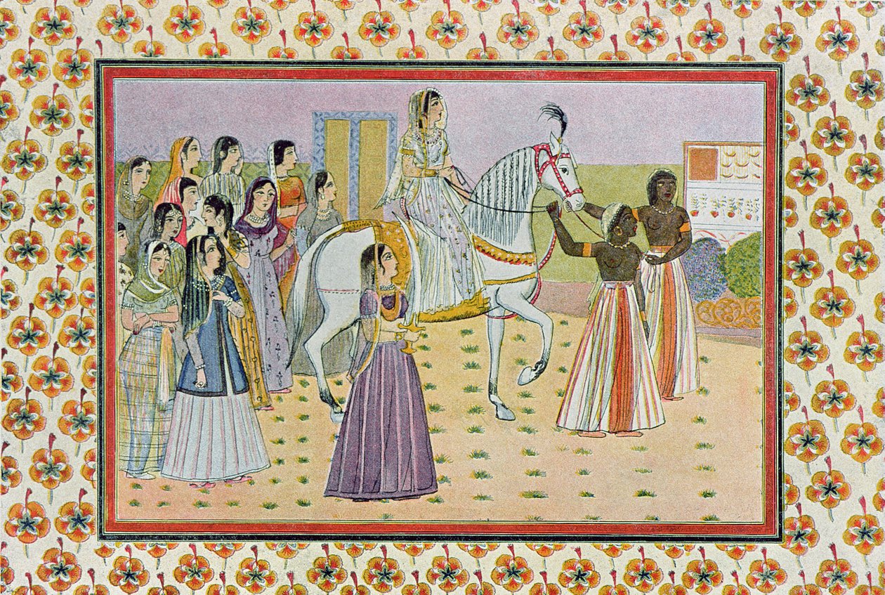 A rapariga com um rosto de lua, montando um cavalo branco, ilustração de The Arabian Nights, 1895 (gravura a cores) de French School