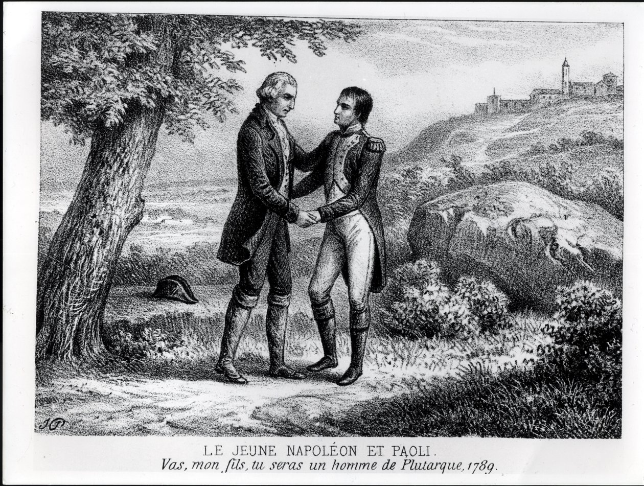 O jovem Napoleão Bonaparte (1769-1821) encontrando Pasquale Paoli (1725-1807) em 1789, de um livro sobre a Córsega de JA Galetti, Paris, 1863 de French School
