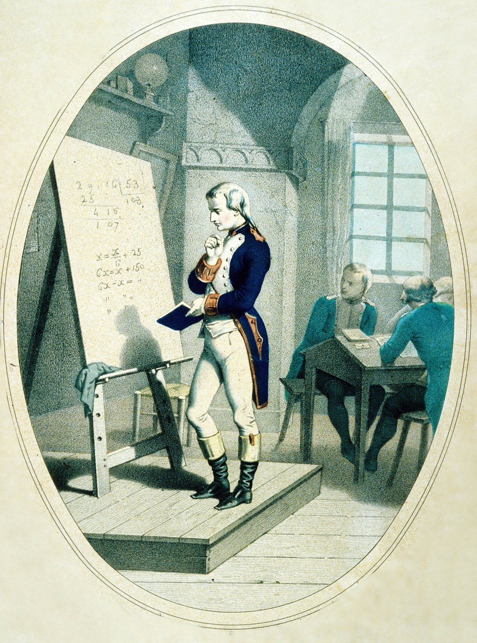 O jovem Napoleão, na academia militar em Brienne, França, 1779 (gravura colorida) de French School