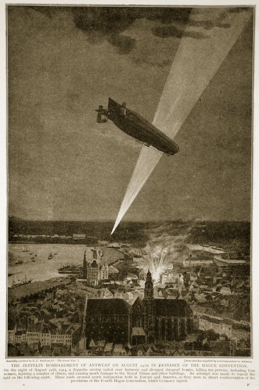 O Bombardeio Zeppelin de Antuérpia em 24 de agosto de 1914 em Desafio da Convenção de Haia, 1914-19 de French School