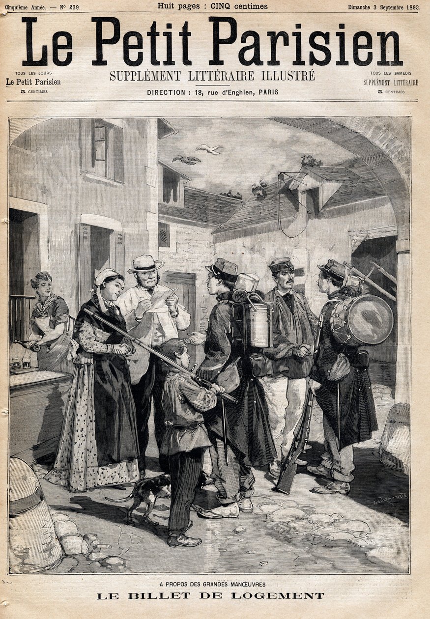 O bilhete de alojamento, que dá direito a uma cama e a uma vela, distribui aos soldados após os seus exercícios e grandes manobras. Um dos jornais " Le petit Parisien" em 3/09/1893 (gravura) de French School