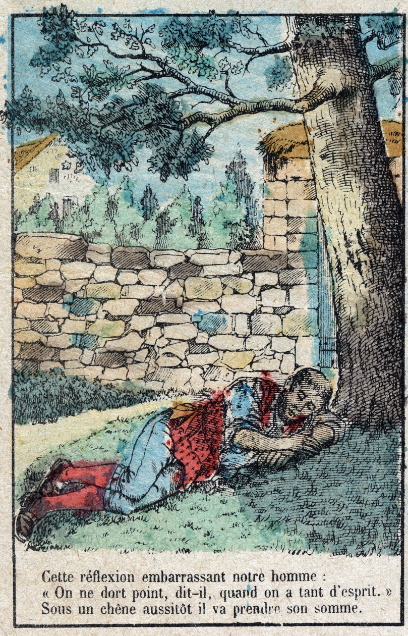 A bolota e a abóbora. Fábulas de Jean de La Fontaine (1621-95), imagens da Epinal do final do século XIX. de French School