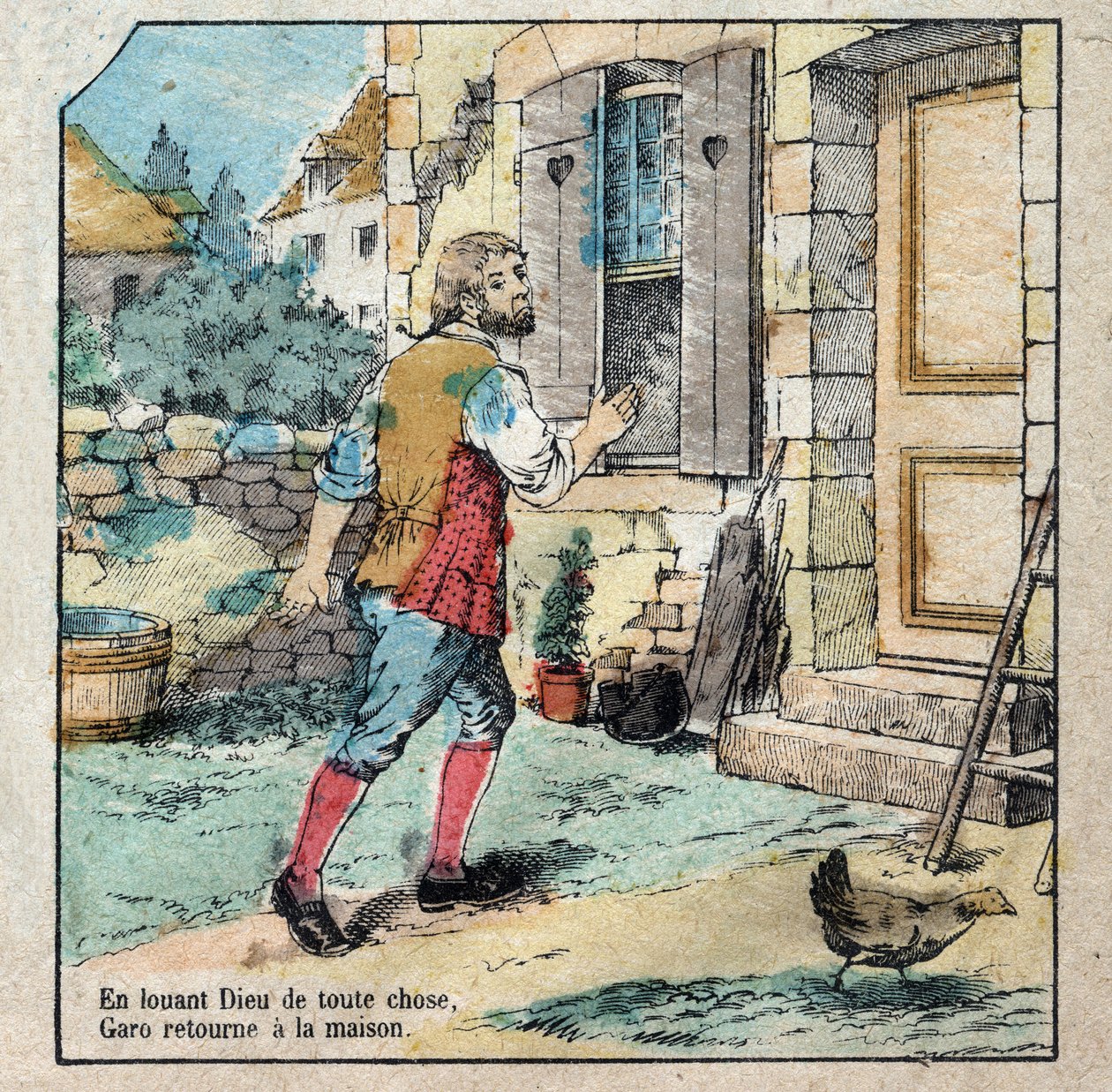 A bolota e a abóbora. Fábulas de Jean de La Fontaine (1621-95), imagens da Epinal do final do século XIX. de French School