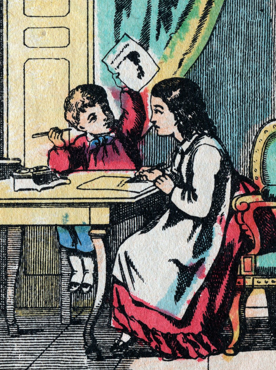 As actividades para raparigas de boas famílias: ajudar um irmãozinho nos seus trabalhos de casa - Foto epinal - século XIX (gravura) de French School