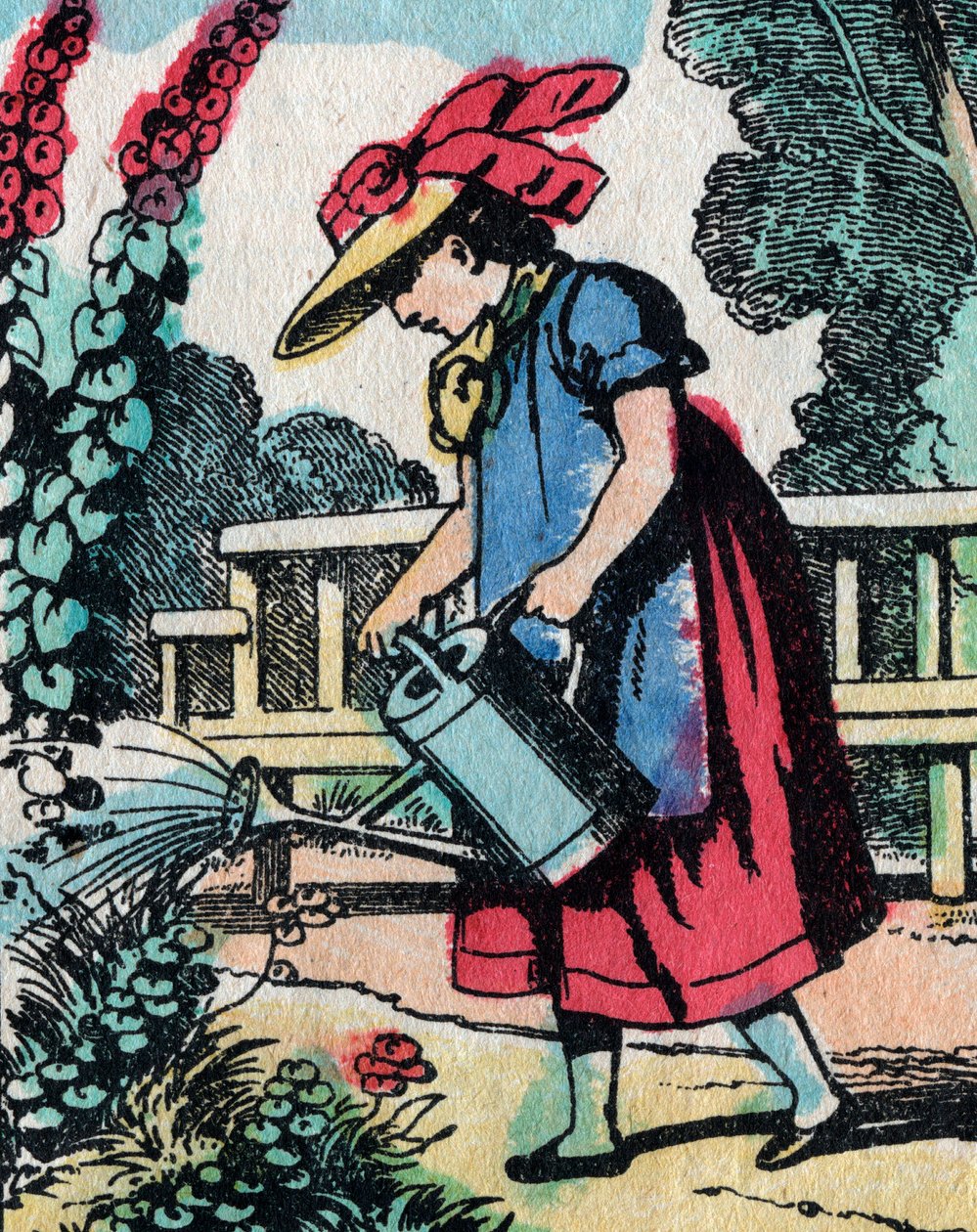 As actividades para raparigas de boas famílias: aprender jardinagem - Quadro epinal - século XIX (gravura) de French School