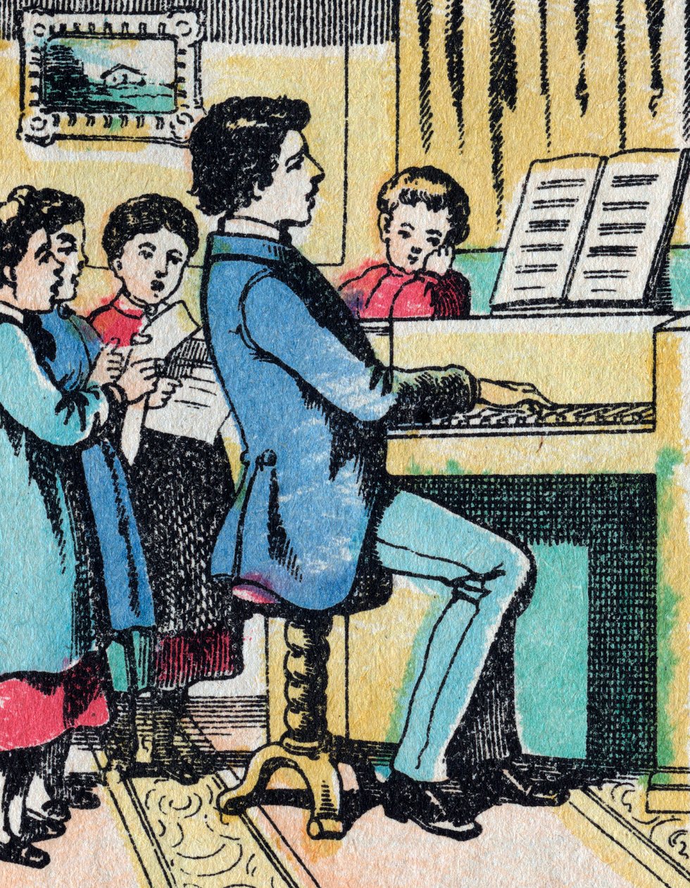 As actividades para raparigas de boas famílias: aprendizagem de música - Quadro epinal - Século XIX (gravura) de French School