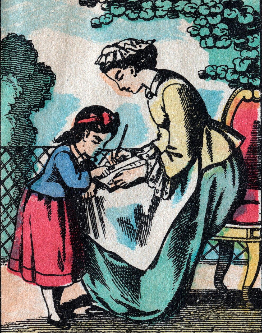 As actividades para raparigas de boas famílias: lição de leitura - Quadro epinal - século XIX (gravura) de French School