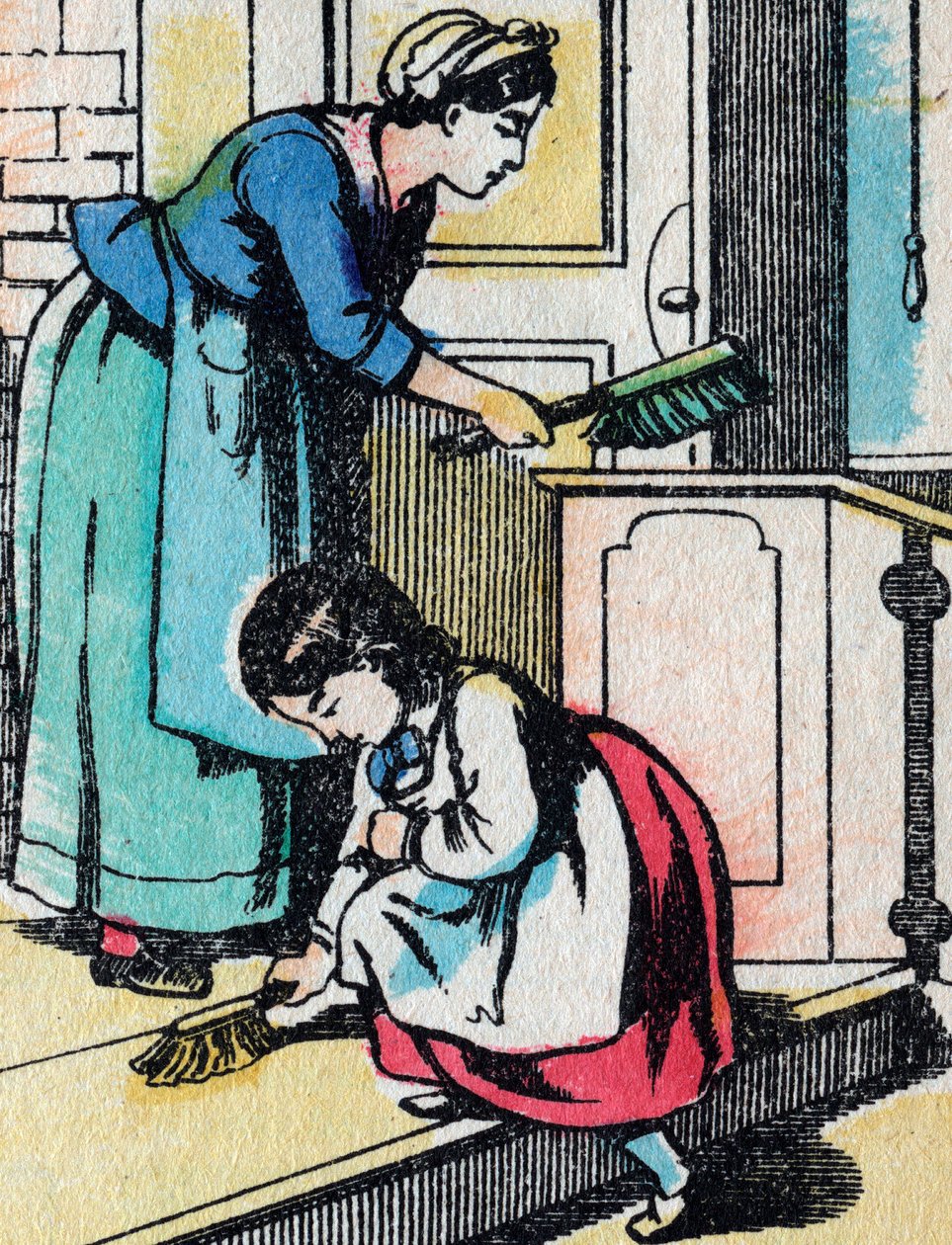 As actividades para raparigas de boas famílias: o trabalho doméstico - Quadro epinal - século XIX (gravura) de French School