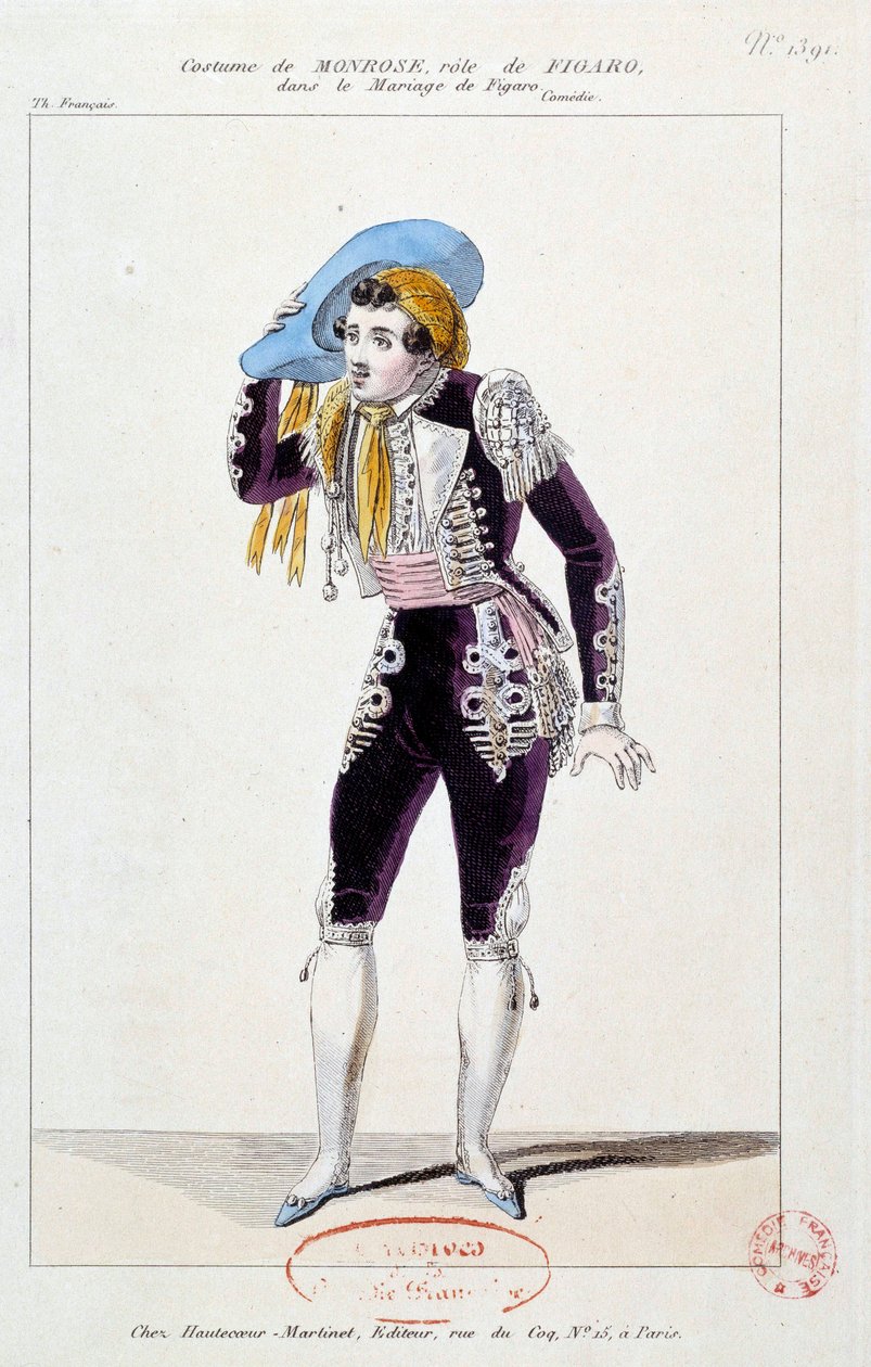 O actor Claude Louis Seraphin Barizain (ou Barisain) dit Monrose (1783-1843) no papel de Figaro em Le mariage de Figaro" de Pierre Augustin Caron de Beaumarchais (1732-1799) 1784 Paris, Comedie francaise de French School