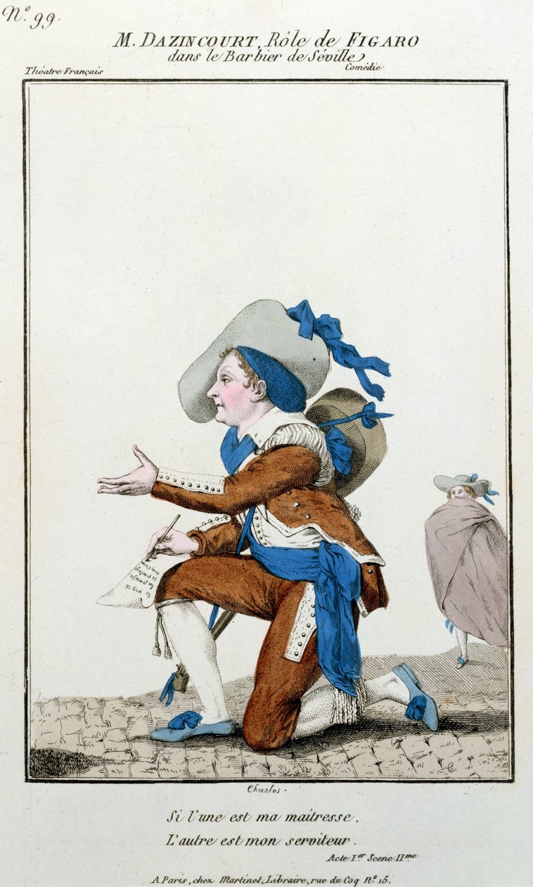O ator Dazincourt no Teatro Francais no papel de Figaro em O Barbeiro de Sevilha por Pierre Augustin Caron de Beaumarchais (1732-1799) de French School