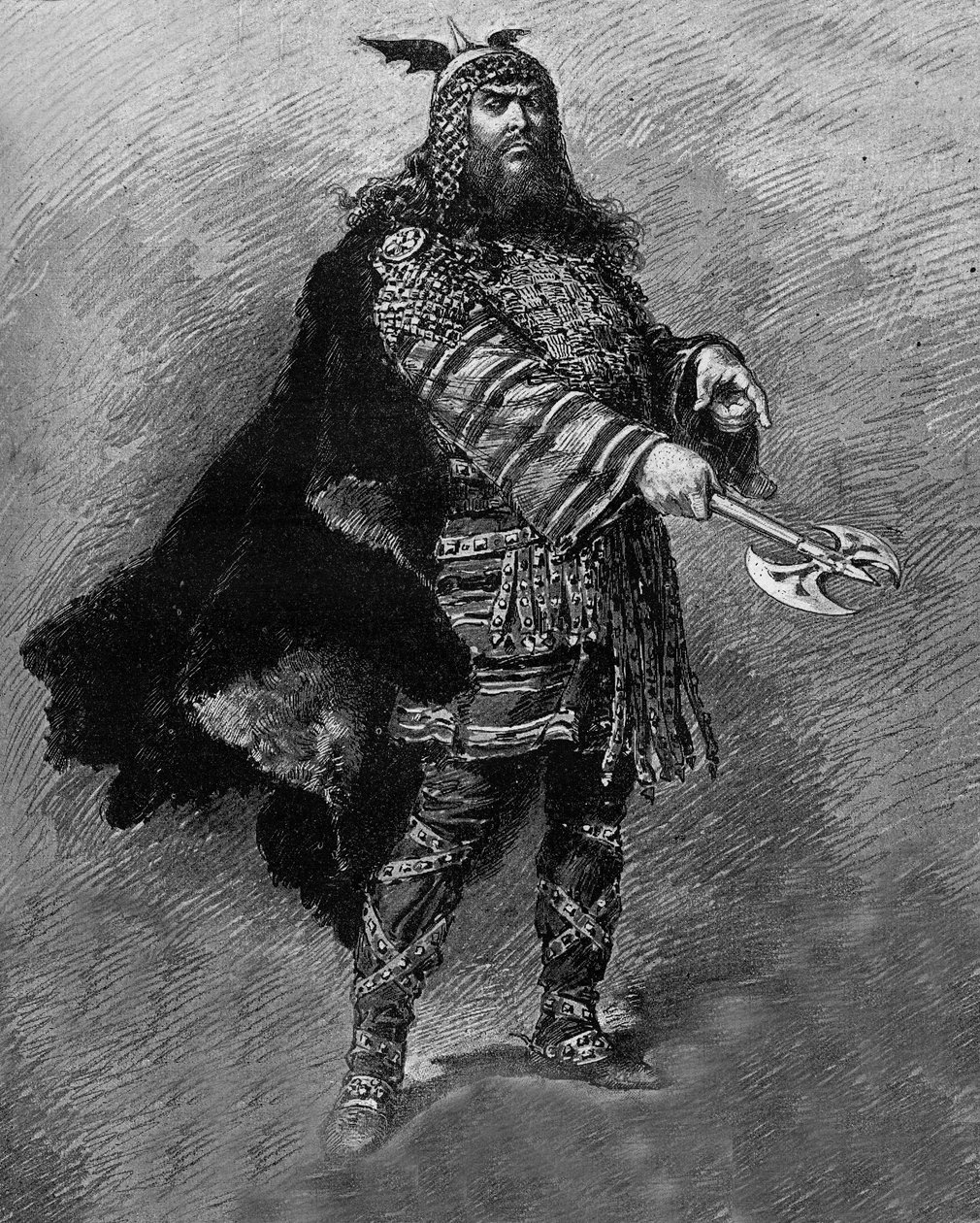 O actor Dumaine no papel de "Attila", um drama em quatro actos e verso, de Etienne Charles Henri, Visconde de Bornier (1825-1901), representado no teatro de l
