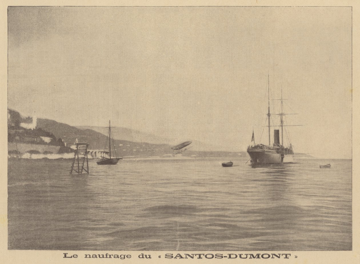 O dirigível de Alberto Santos-Dumont a despenhar-se no Mediterrâneo (litografia) de French School