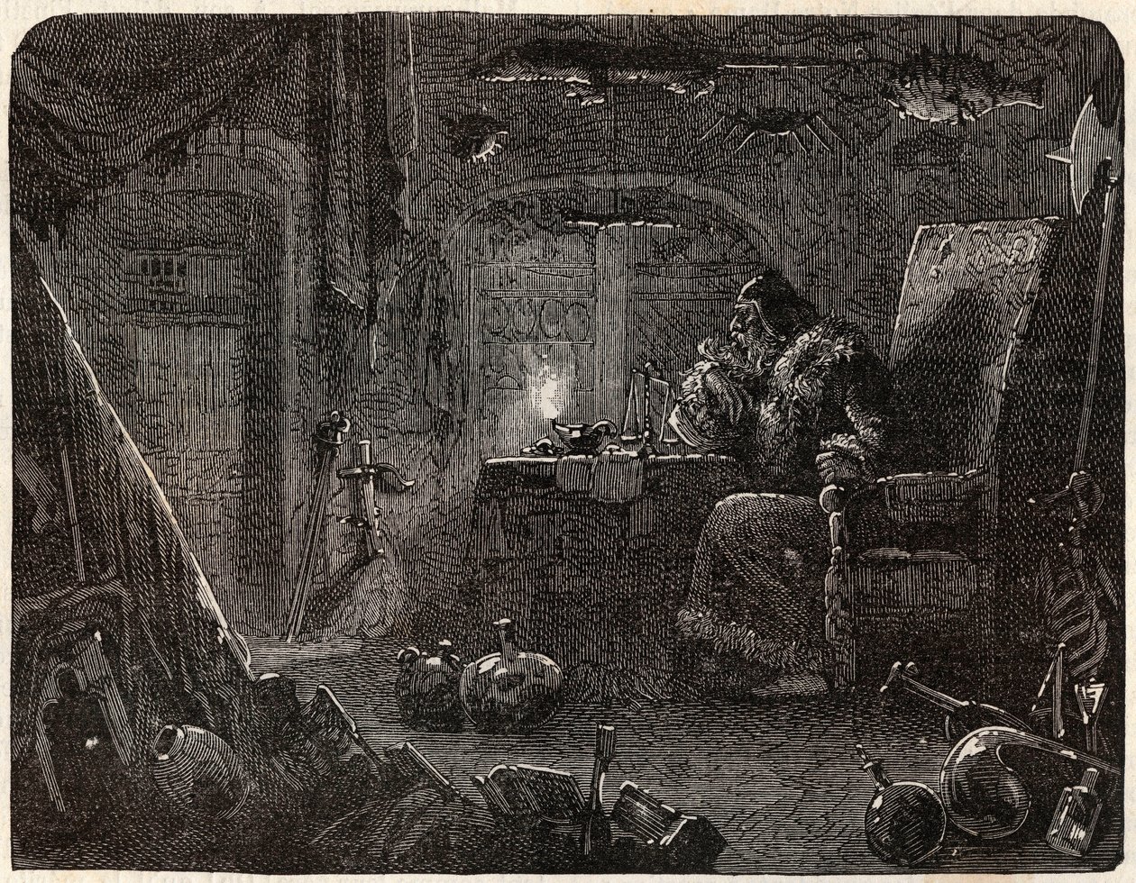 O alquimista, tendo prometido fazer ouro, trabalha no seu laboratório: o alquimista no século XVII - em "Paris a travers les cules" de Nicolas Jules Henri Gourdon de Kennouillac (1826-1898) de French School