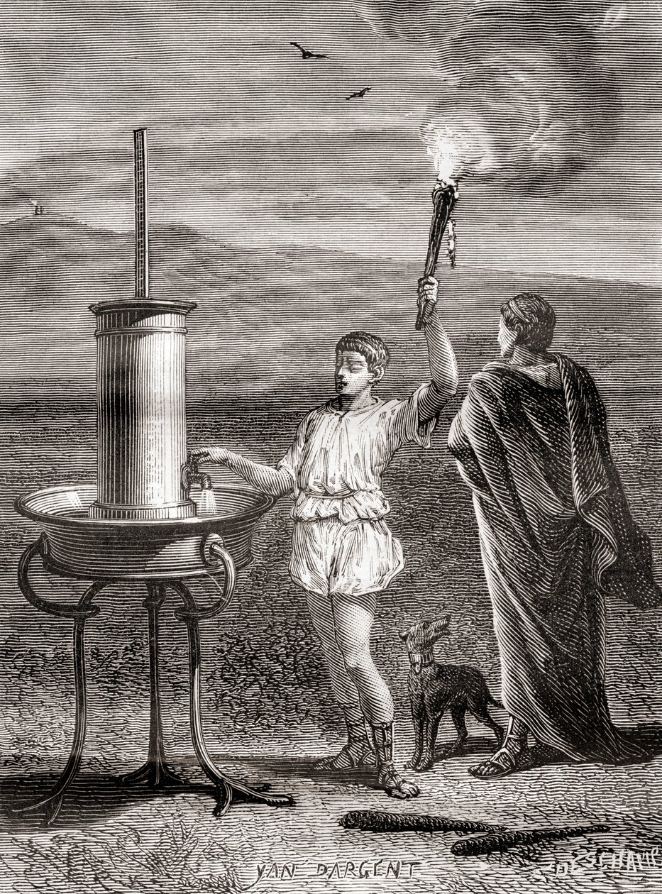 O antigo sistema semáforo hidráulico grego utilizado por Enéas para enviar uma mensagem, século IV a.C., de Les Merveilles de la Science, publicado c.1870 (gravura) de French School