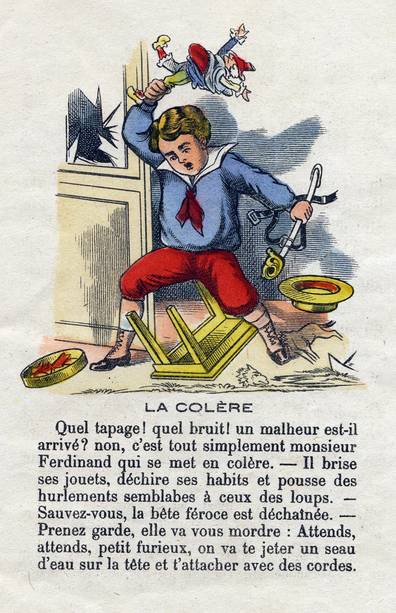 A raiva. A criança caprichosa a partir os seus brinquedos . O alfabeto dos meninos pequenos. O abecedário tem valor moral contendo exercícios de leitura. Imagens epinais do final do século XIX. de French School