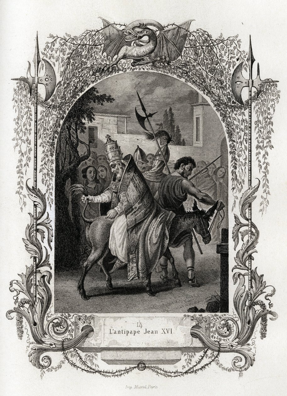 O antipope João XVI (997 a 998). Gravura para ilustrar a Histoire des popes de Maurice Lachatre (1814-1900), librairie du progres, Paris. de French School