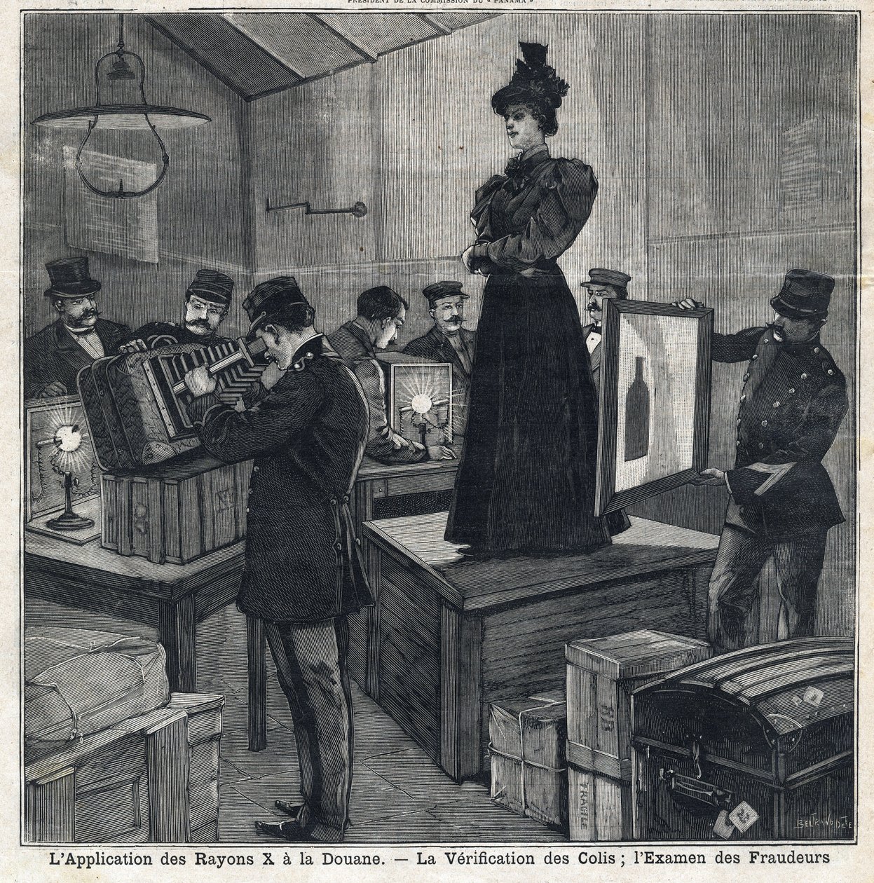 A aplicação de raios X (raios X) tem alfândega: verificação de embalagens e exame de fraudadores. No "Le Peute Parisien" de 11/07/1897. Coleção Privada de French School