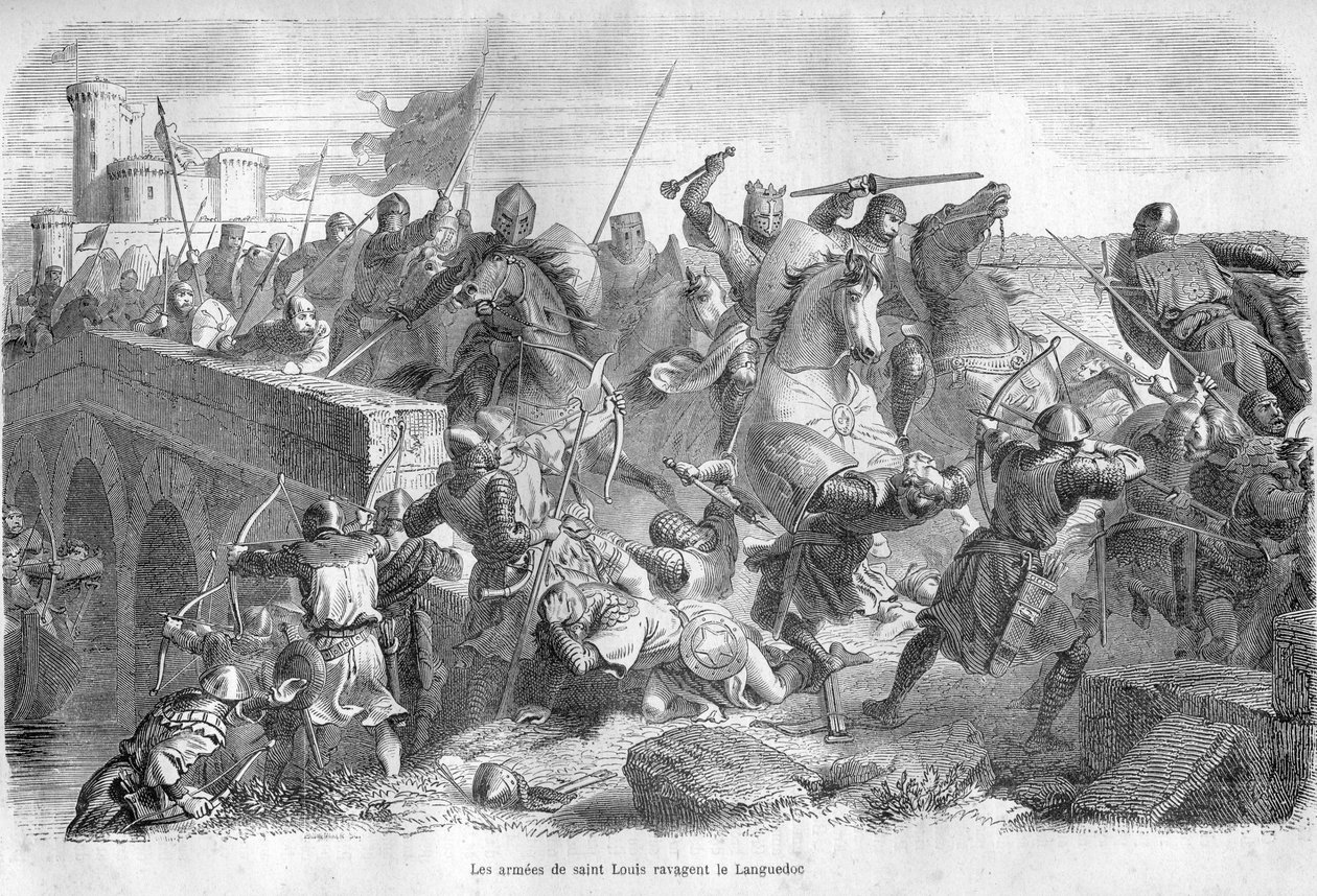 As armees de São Luís invadem o Languedoc no século XIII - - Gravura na "História dos Papas" (...) Crimes da Rainha Rei e Imperadores ao longo dos séculos" por Maurice Lachatre de French School