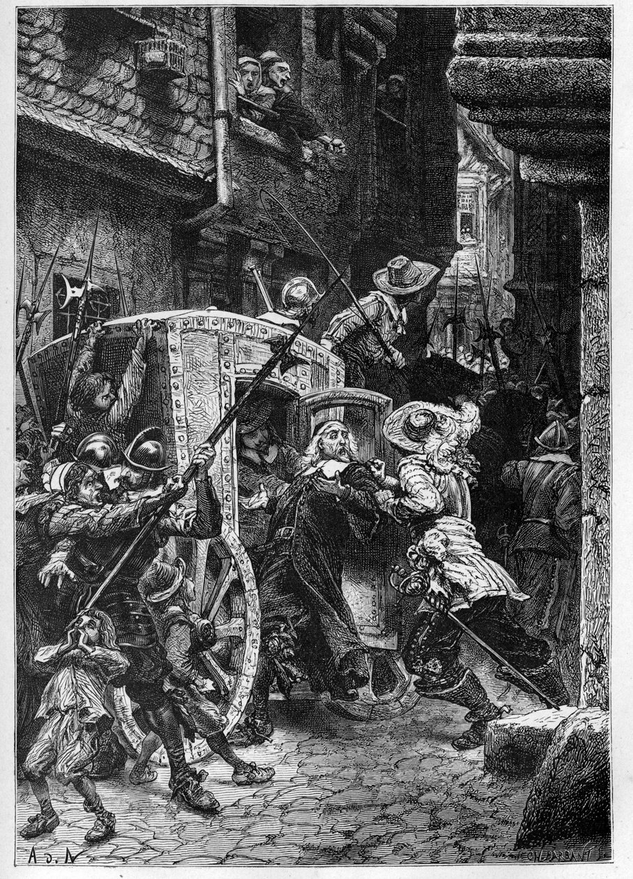 A prisão de Pierre Broussel (1575-1654) em 1648, sob a ordem de Ana da Áustria (1601-1666), provocando a revolta do povo (dias das barricadas) e da Fronde - Prisão de Pierre de Brousel, conselheiro no Parlamento de Paris, chamado Pai de French School