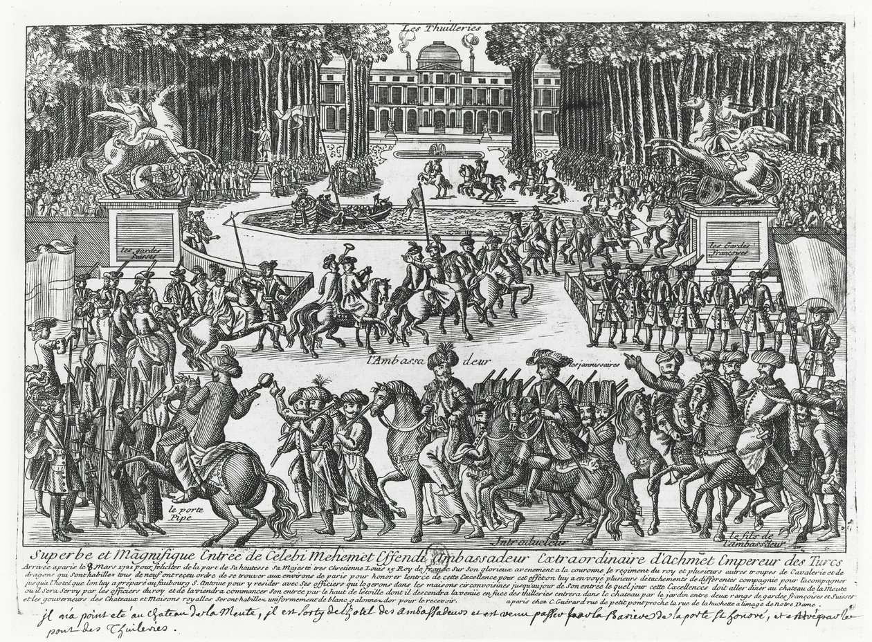 A chegada de Mehmed Celebi Efendi, embaixador do Sultão Ahmed III da Turquia, às Tuileries para ser recebido por Luís XV em 1721 (gravura) de French School