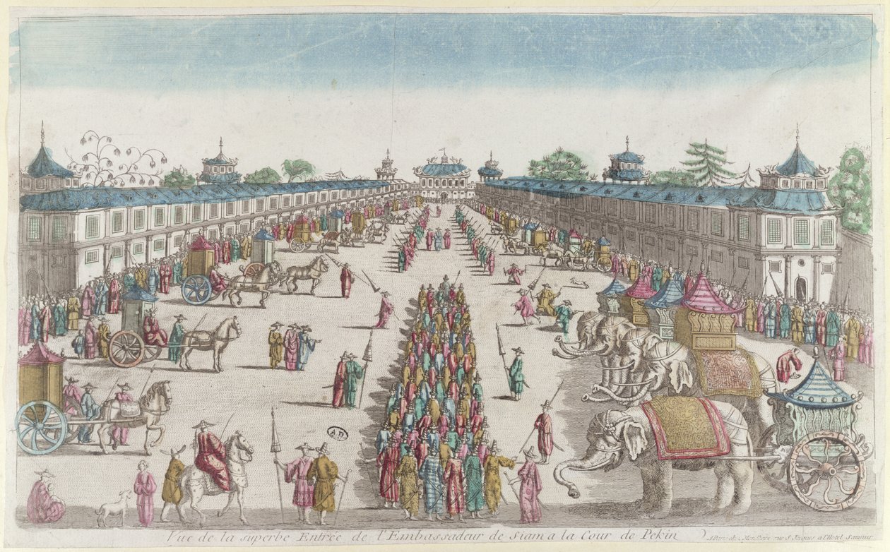 A chegada dos embaixadores siameses na Cidade Proibida em Pequim, em visita ao imperador da China, na segunda metade do século XVIII de French School