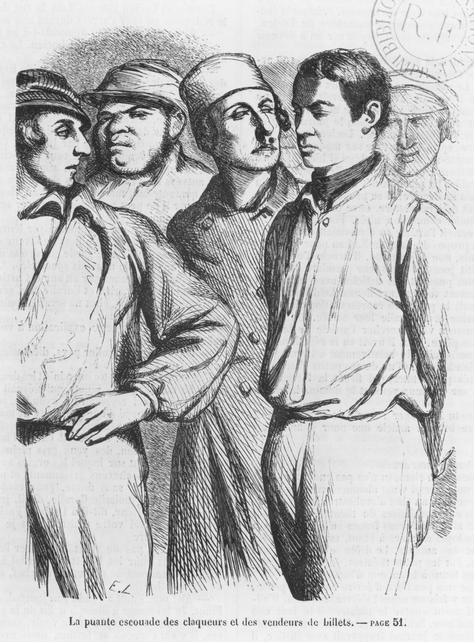 O esquadrão arrogante de aplaudidores contratados e vendedores de ingressos, ilustração de &39;Les Illusions perdues&39; de Honoré de Balzac de French School