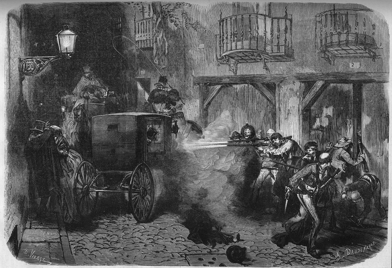 O assassinato de Juan Prim y Prats (1814-1870), general e político espanhol, na sua saída das Cortes, na rua del Turco, em Madrid, a 28 de Dezembro de 1870. Gravura no "Le Monde Illustré" n°724 de 25 de Fevereiro de 1871. de French School