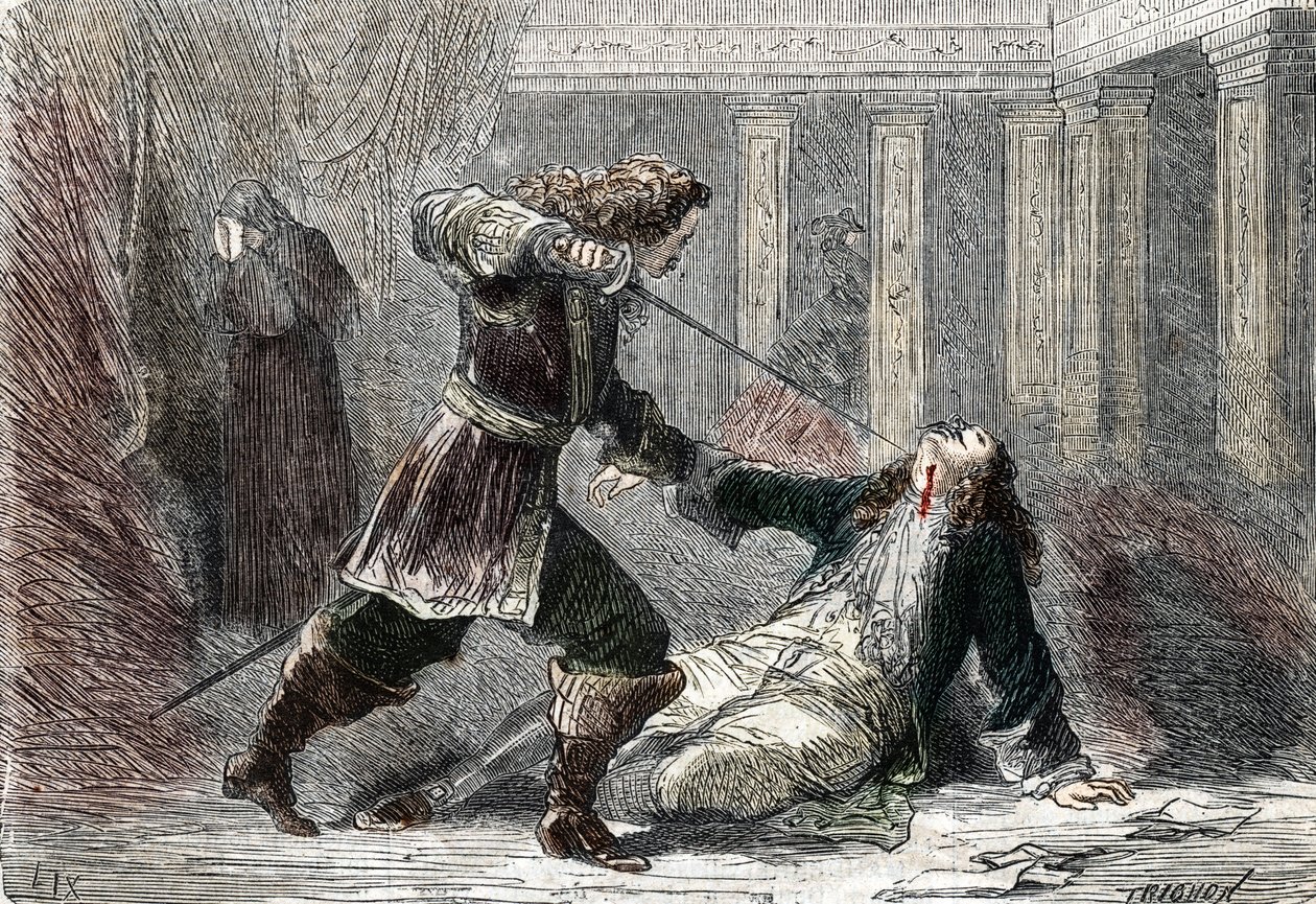 O assassinato do Marquês Gianrinaldo Monaldeschi, amante da Rainha Christina da Suécia (1626-1689) no castelo de Fontainebleau de French School