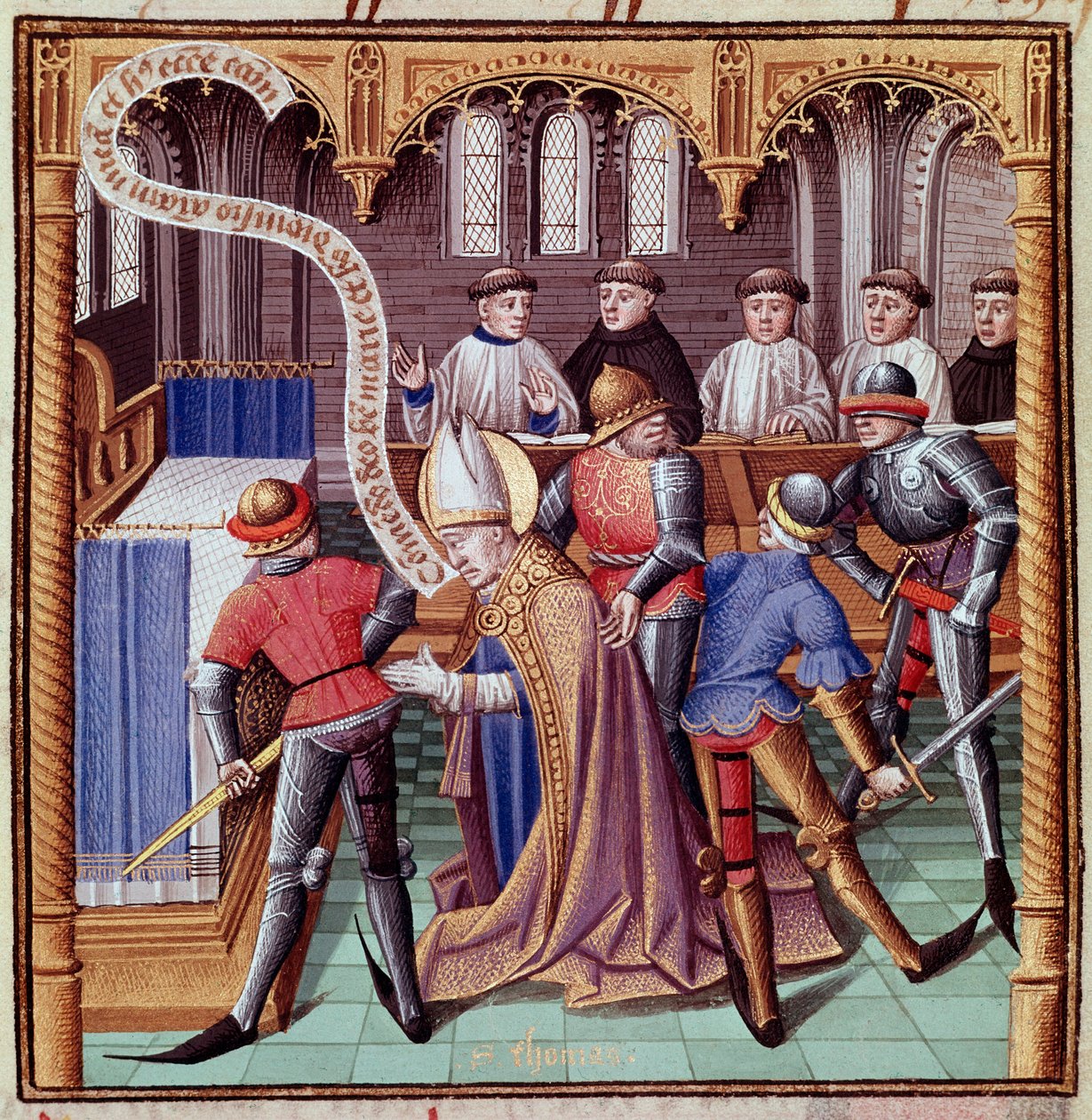 Assassinato de Tomás Becket em 1170 (Assassinato de São Tomás de Cantuária) Miniatura extraída de "Le miroir historial" (Speculum Historiale) de Vincent de Beauvais (1190-1264) traduzido para francês por Jean de Vignay de French School