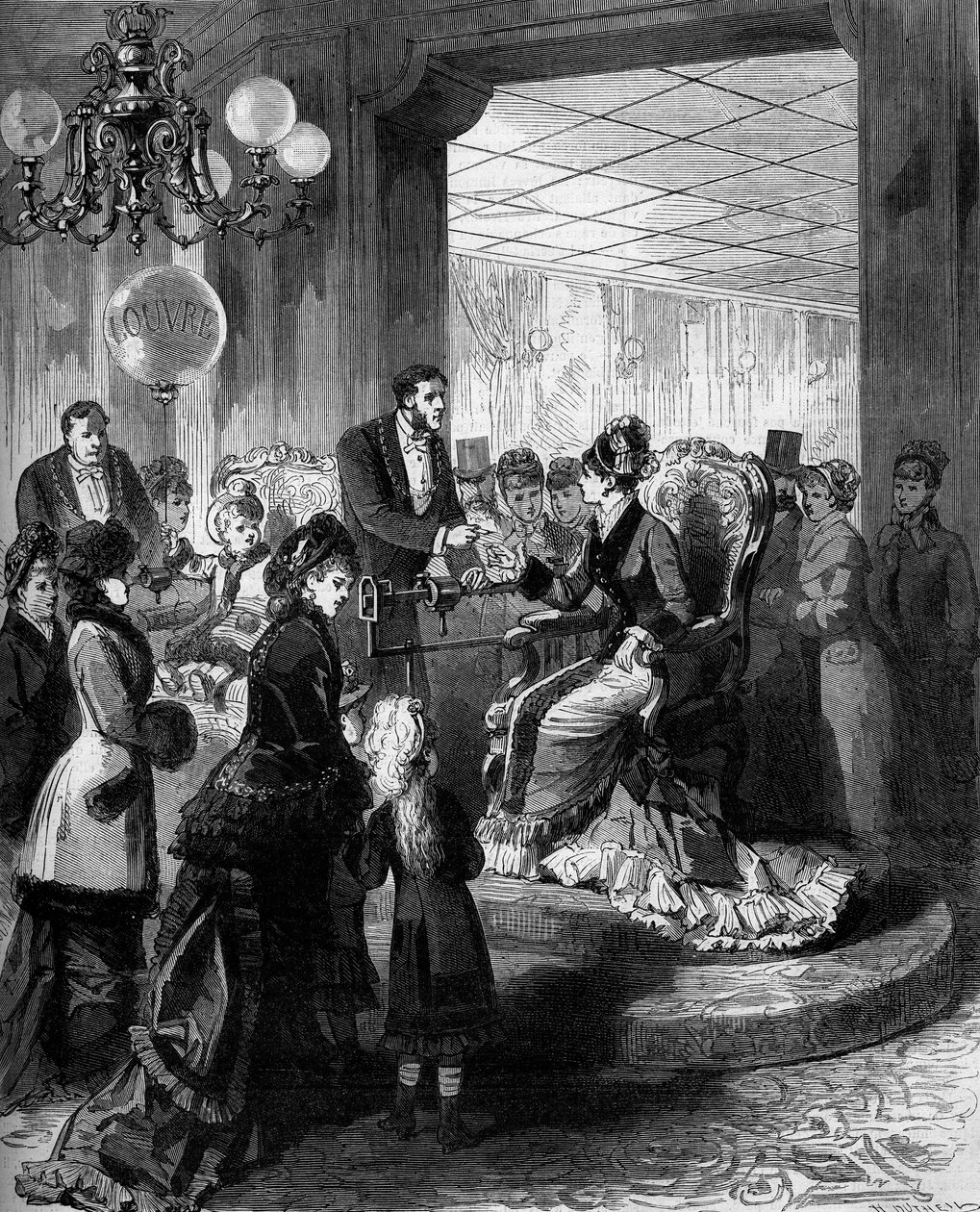 A cadeira de equilíbrio: uma mulher sentada numa poltrona que calcula o peso. Paris de French School