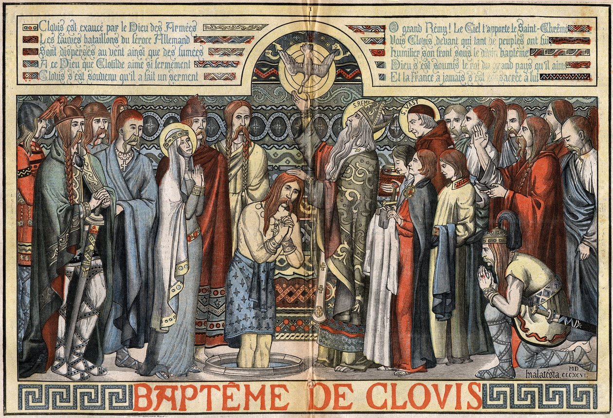 O batismo de Clovis 1º (466-511) em Reims, 25 de dezembro de 496. ilustração de MALATESTA (MALTESTE Henri Theodore) em "Le Pelerin" de 23 de agosto de French School