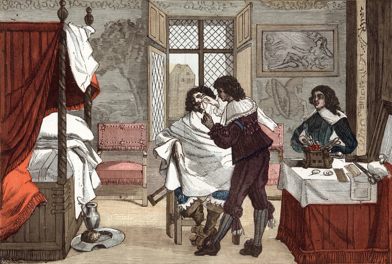 O barbeiro, França, gravura de Abraham Bosse (1604-1676), c. 1640, gravura de "Paris a travers les siecles" tomV de French School