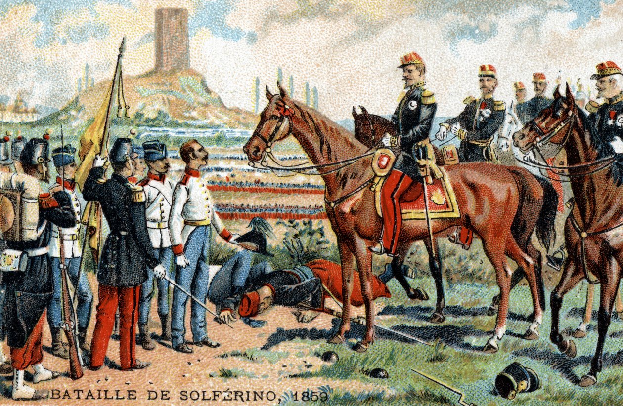 A batalha de Solferino (Itália) entre os exércitos franco-sardiniano (vencedores) e austríaco (derrotados) em 1859. A cromolitografia do século XIX. de French School