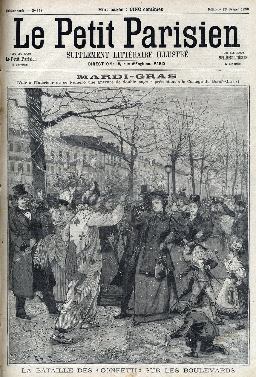 A batalha dos confetes na avenida parisiense durante o Carnaval (Mardi-Gras). Gravura em " Le petit Parisien" (O Petit Parisien) de French School