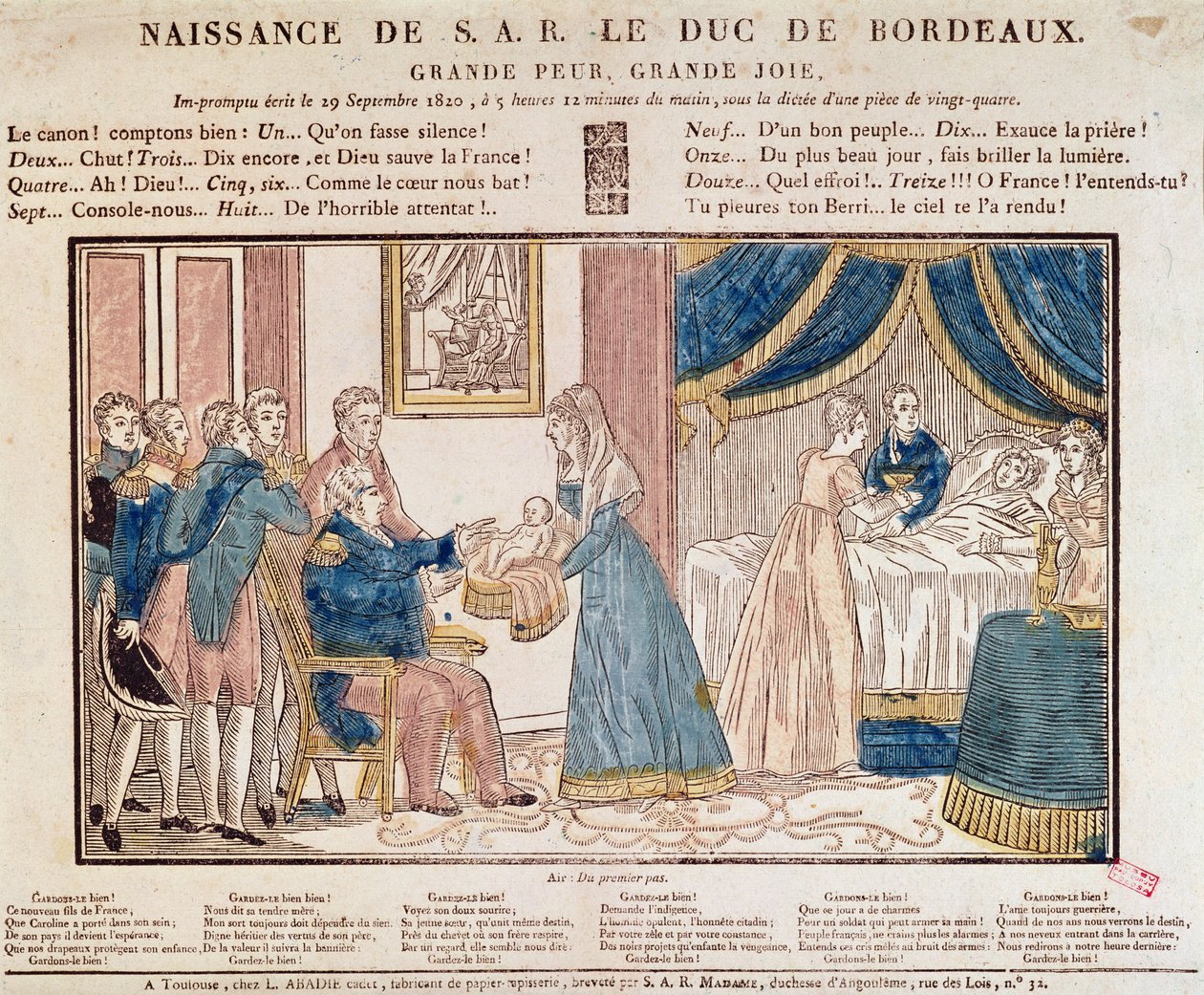 O nascimento de Henri Charles Ferdinand Marie Dieudonne da França, Duque de Bordeaux, Conde de Chambord em 29 de setembro de 1820 (gravura em madeira colorida) de French School