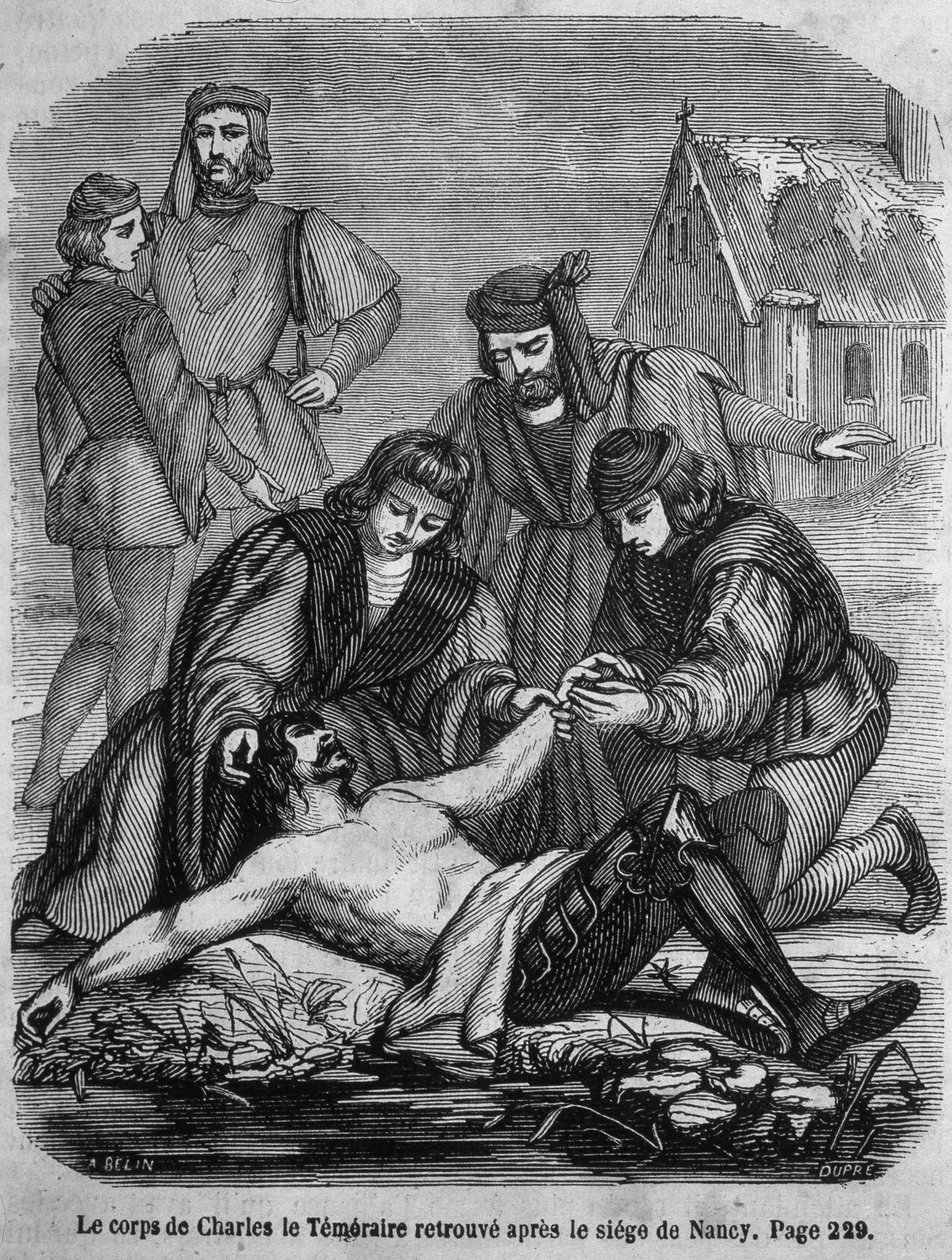 O corpo de Charles the Bold (1433 - 1477) encontrado após o cerco de Nancy - no "Histoire de France" de L.-P. Anquetil de French School