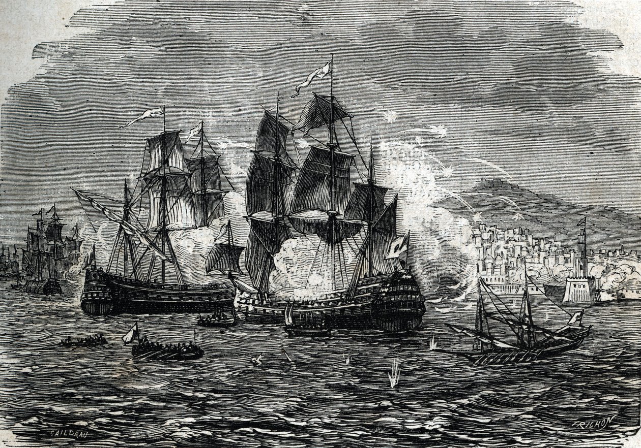 O bombardeamento de Argel em agosto de 1682 por Abraham Duquesne - (gravura) 1864 de French School